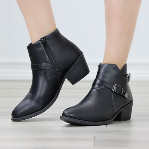 Womens Ankle Boots Low Block Heel Black Synthetic Leather Pointed Toe Buckles - Picture 6 of 11